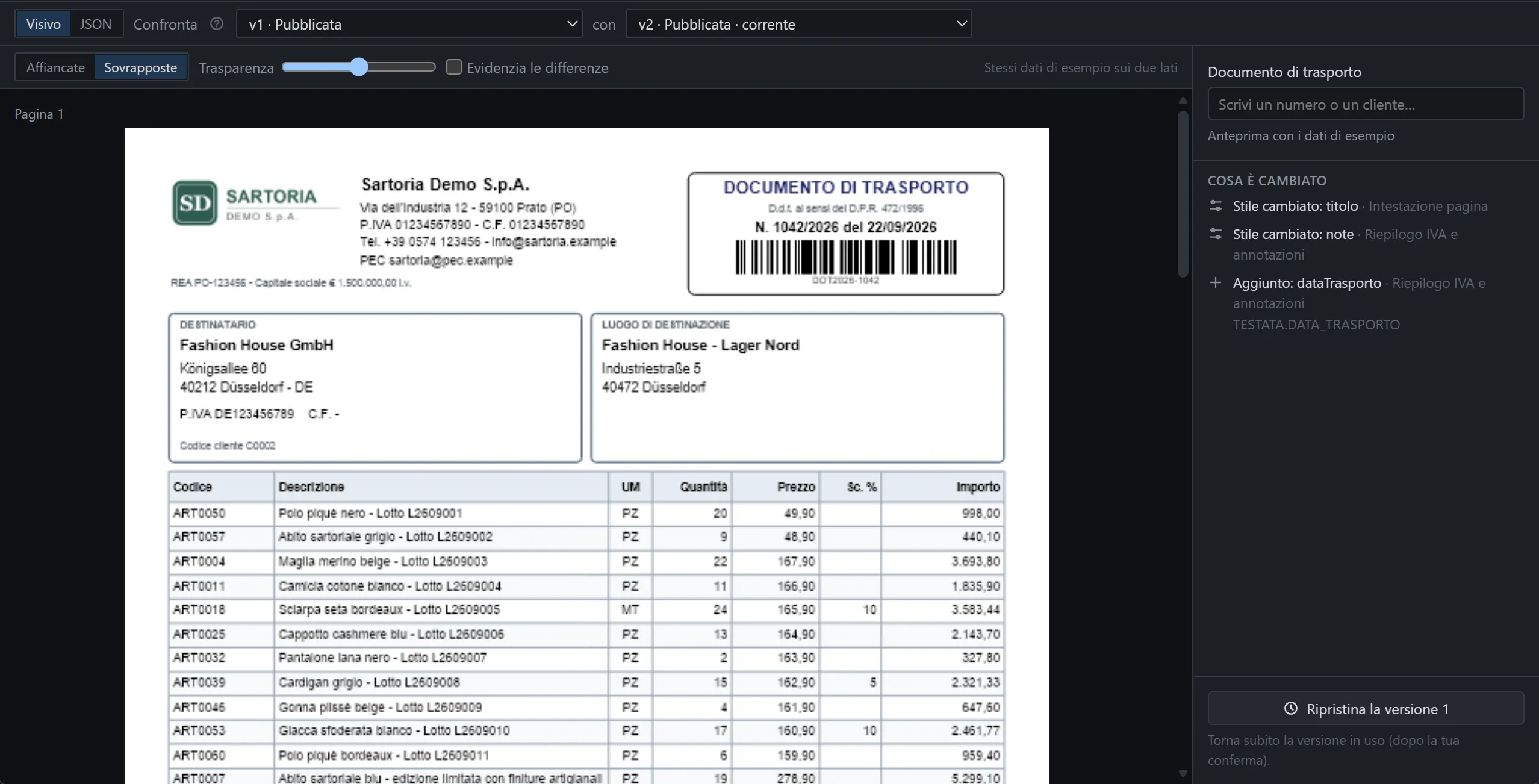 Il confronto di due versioni del DDT, sovrapposte sugli stessi dati di esempio, con l'elenco di cosa è cambiato (stile del titolo, annotazioni, il nuovo campo della data di trasporto) e il pulsante per ripristinare la versione 1.