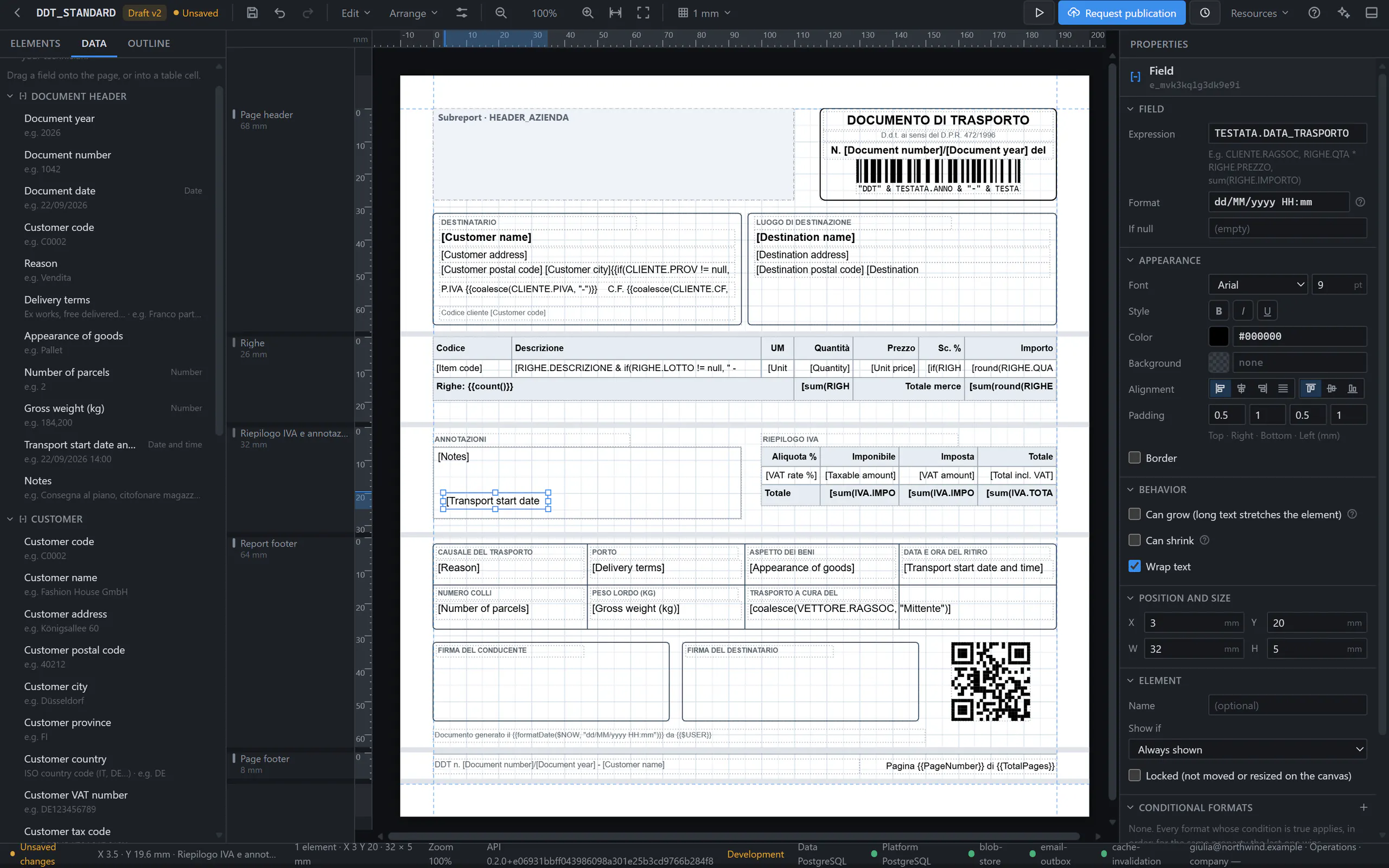 The Designer as a business user sees it: on the left the fields of the delivery note with readable names and an example value, in the middle the page with the field “Transport start date” just dragged into the notes box, on the right its properties.