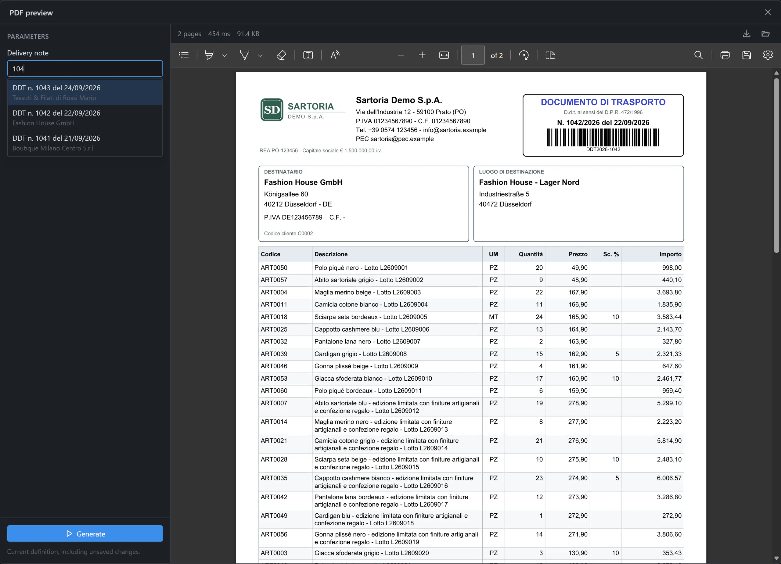 The PDF preview of the Designer: the delivery notes found by typing “104”, each with its number, date and customer, beside the document generated with real data.