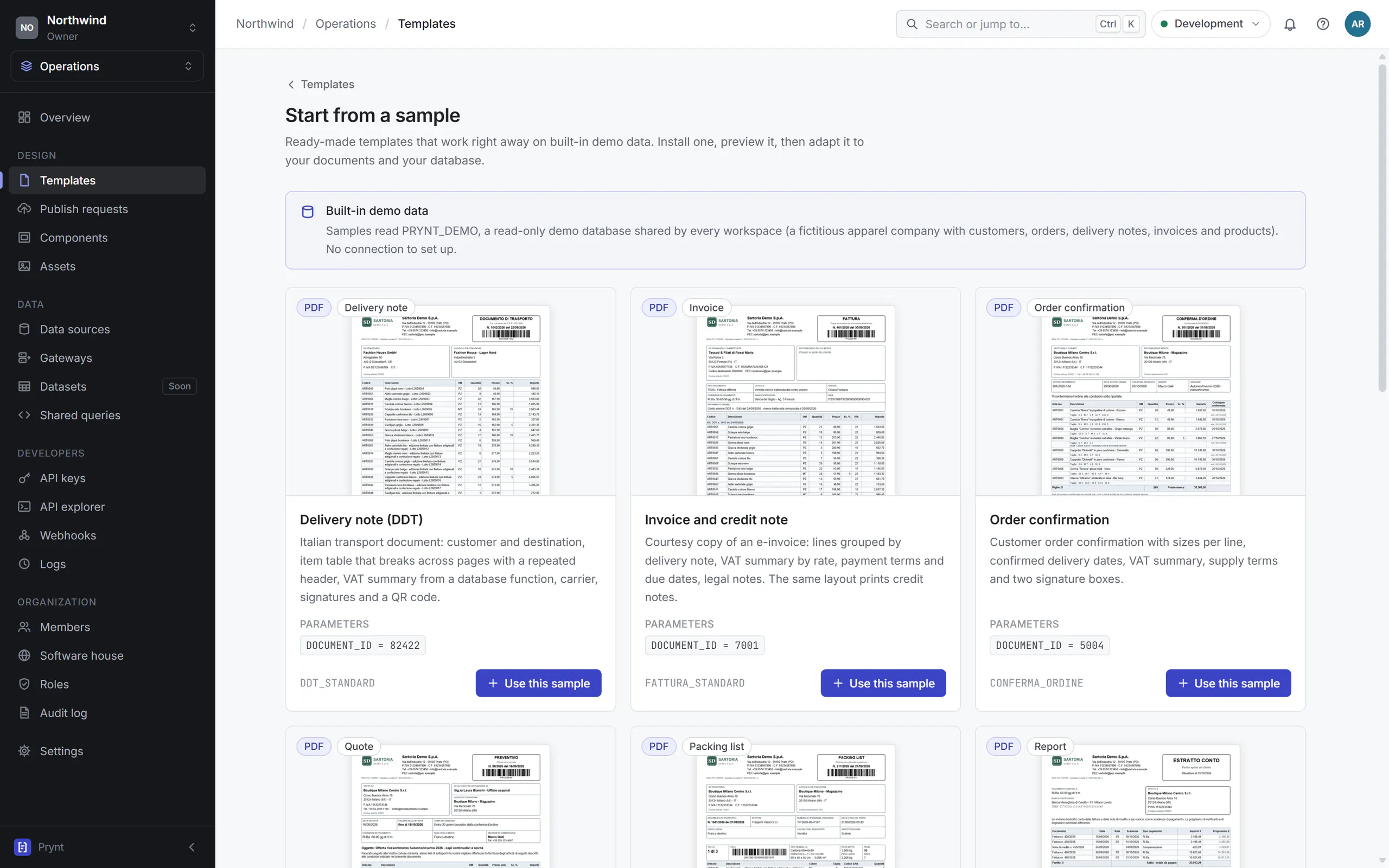 The gallery of ready-made templates: delivery note, invoice, order confirmation and more, each with its parameters and the button Use this sample, working at once on the built-in demo data.
