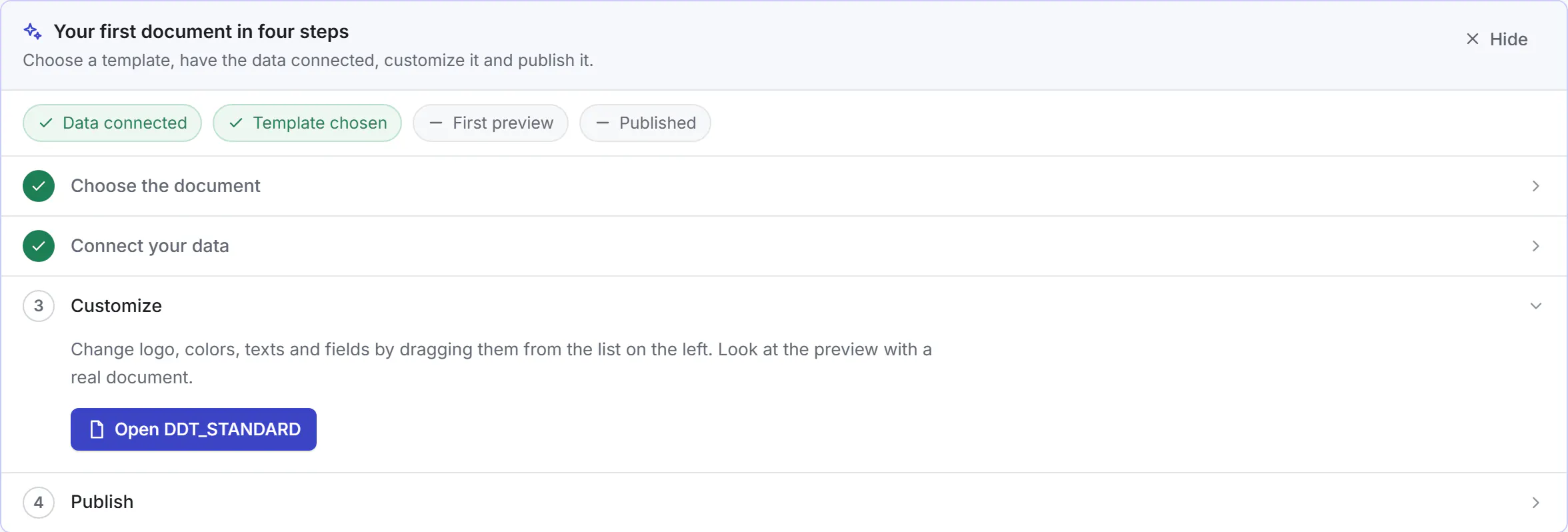 The first-access guide of the workspace overview: the checklist with data connected and template chosen, and the four steps with Customize open.