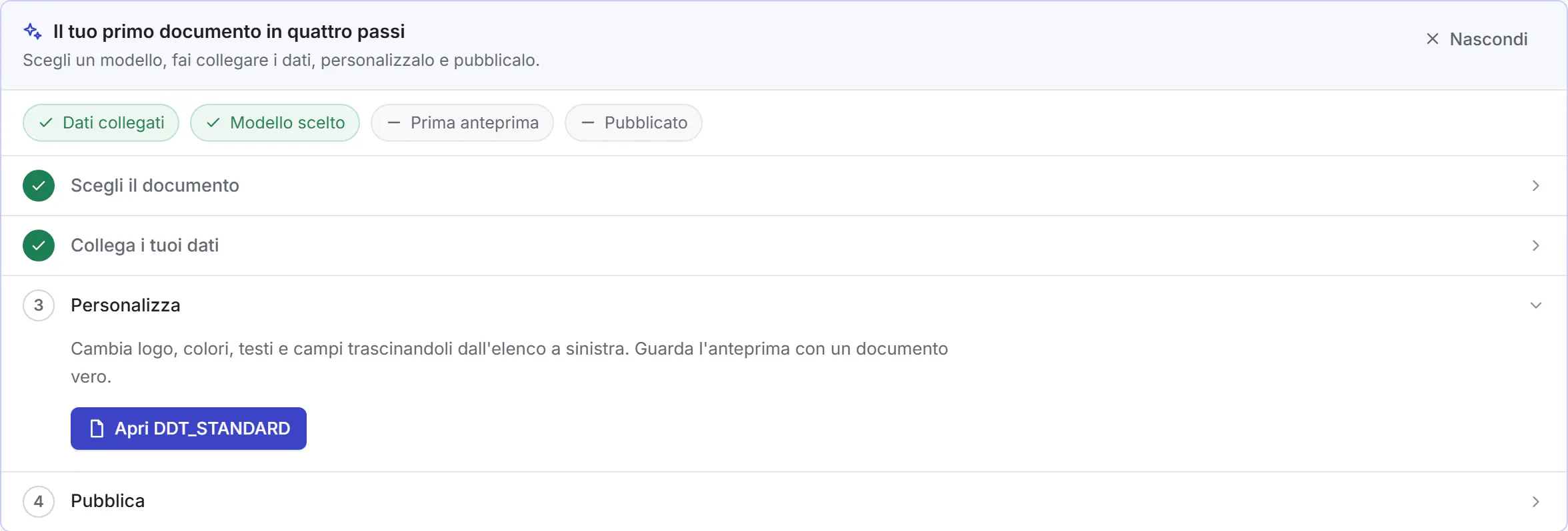 La guida al primo accesso nella panoramica del workspace: la checklist con dati collegati e modello scelto, e i quattro passi con Personalizza aperto.