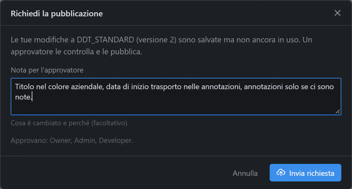 La finestra “Richiedi la pubblicazione”: le modifiche sono salvate ma non ancora in uso, una nota per l'approvatore, chi approva e il pulsante Invia richiesta.