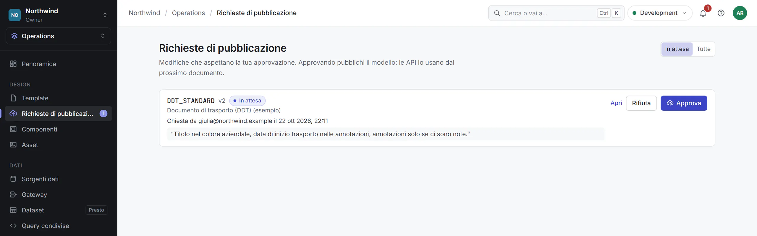La pagina Richieste di pubblicazione dell'approvatore: il modello del DDT, versione 2, in attesa, con la nota di chi l'ha chiesta e i pulsanti Apri, Rifiuta e Approva.