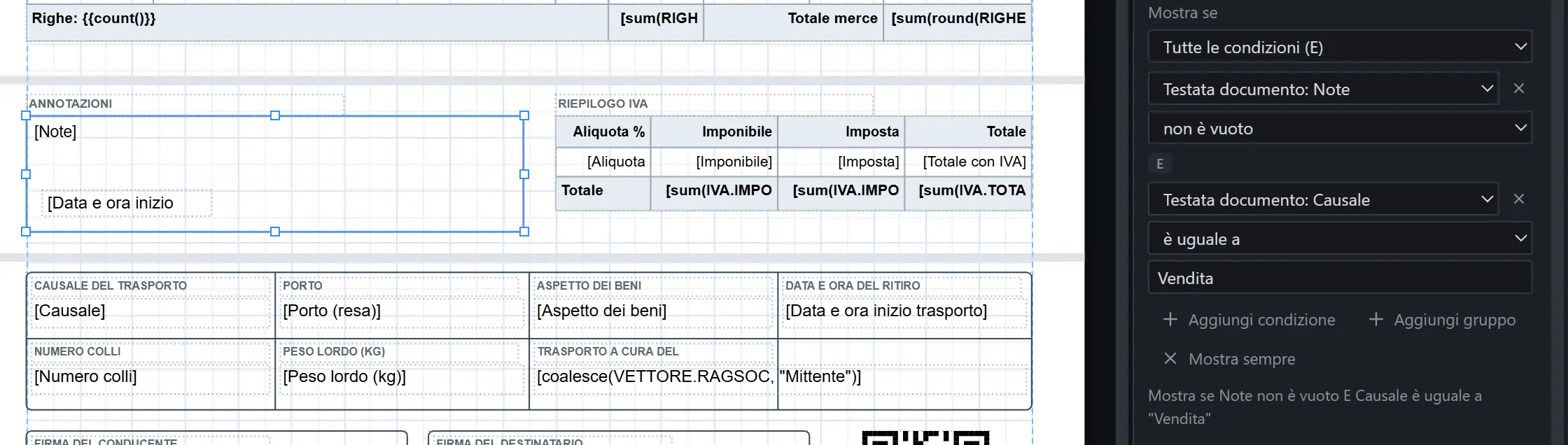 I menu di “Mostra se” delle annotazioni: tutte le condizioni (E), Note non è vuoto e Causale è uguale a “Vendita”, con la frase che le riassume.